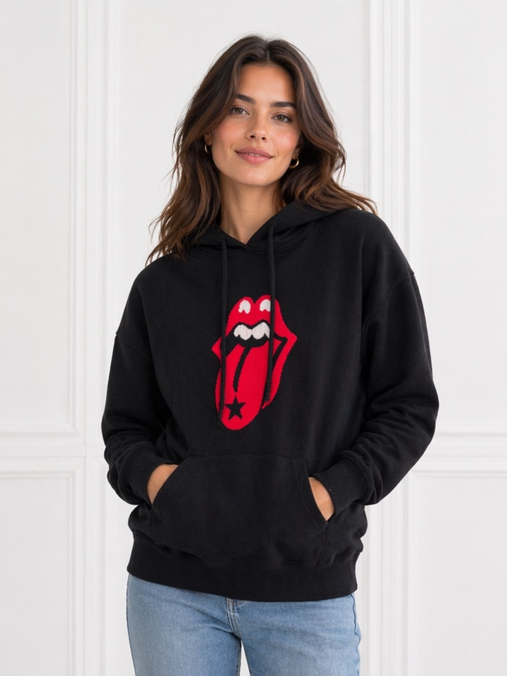 Pink Pineapple Women’s Rolling Stones 100% Cashmere Black Red Hoodie Size XS